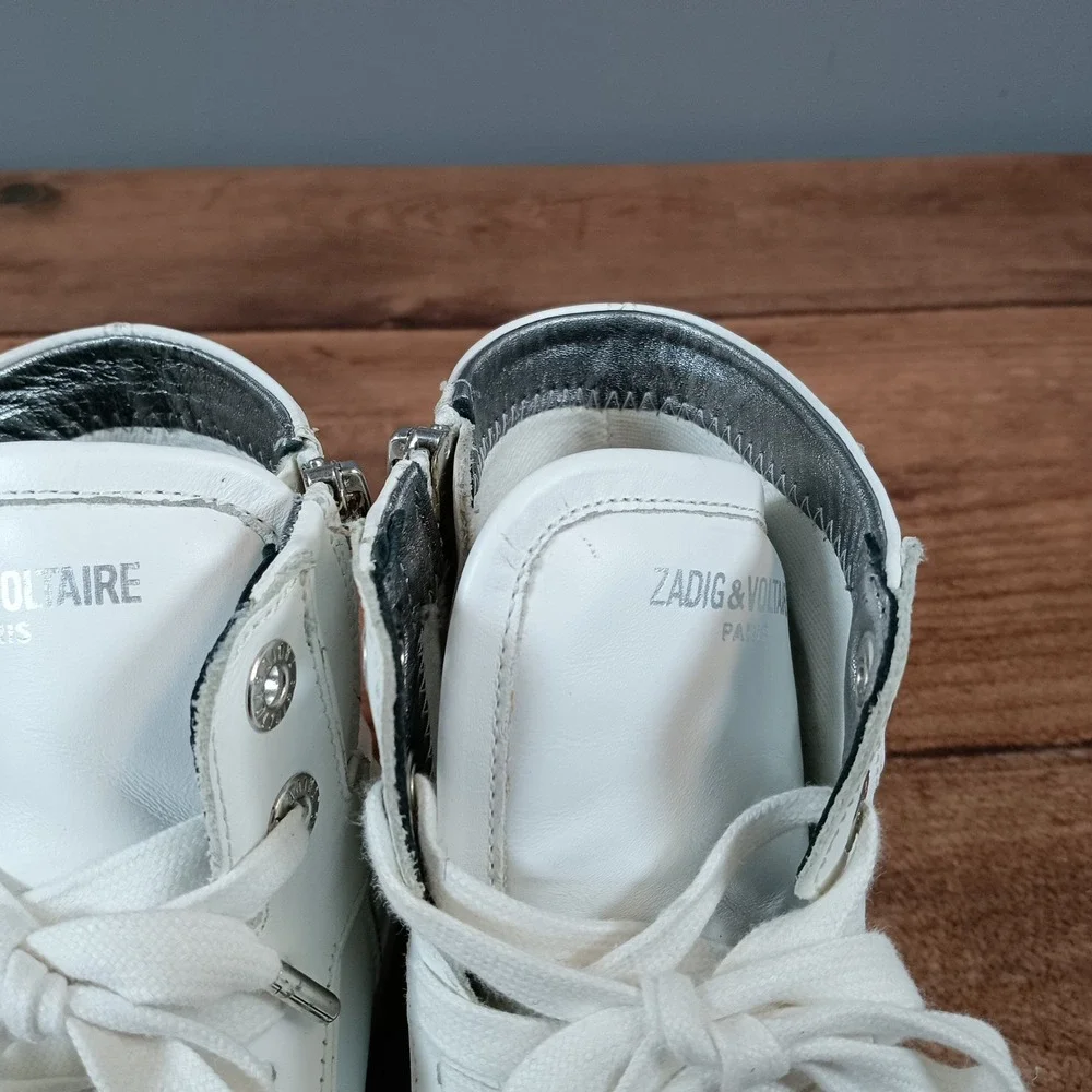 Zadig & Voltaire Paris White Leather High Top Sneakers Zip Lightning Bolt size37